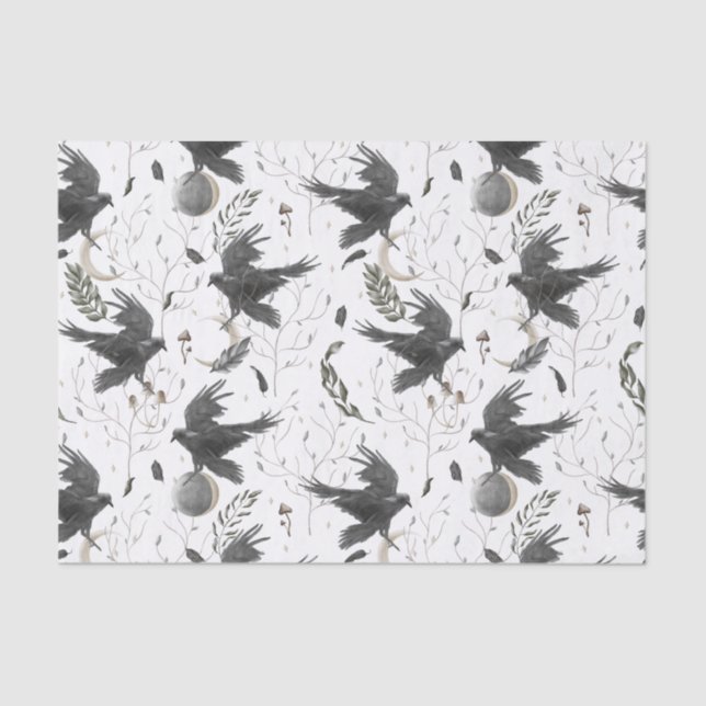 Black Raven, Moon and Wild Plants Witchcraft  Tissue Paper (Front)