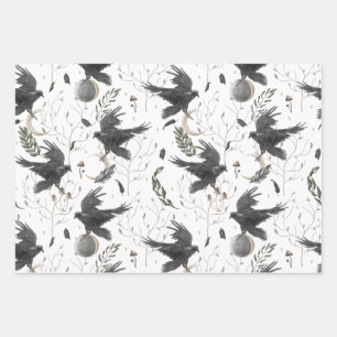 Black Raven, Moon and Wild Plants Witchcraft  Wrapping Paper Sheet