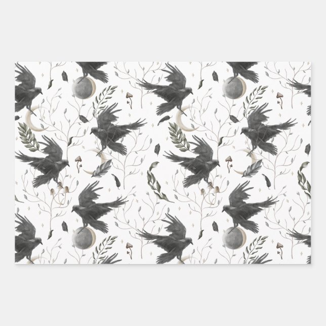 Black Raven, Moon and Wild Plants Witchcraft  Wrapping Paper Sheet (Front)