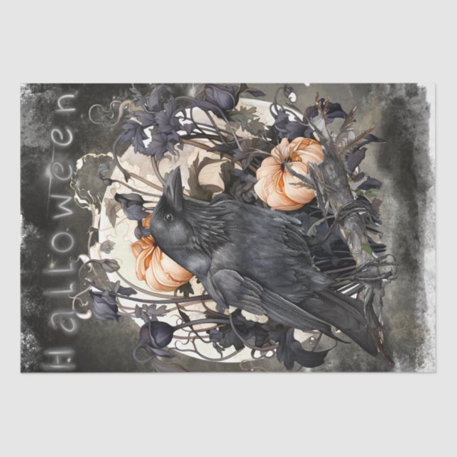 Black Raven Moon Dead Floral Halloween Tissue Paper (Front)