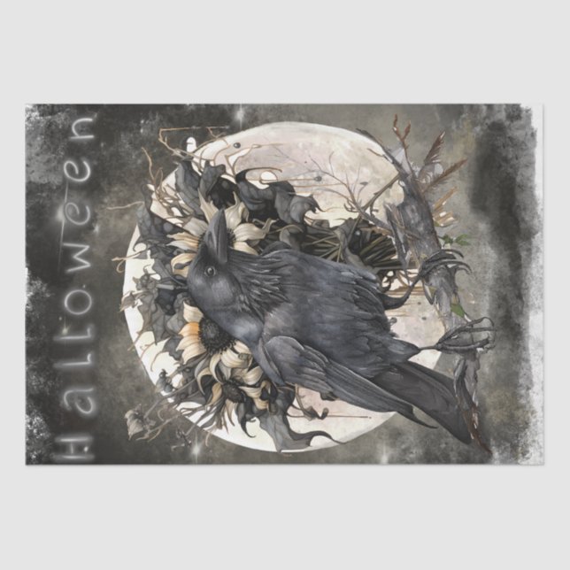 Black Raven Moon Dead Floral Halloween Tissue Paper (Front)