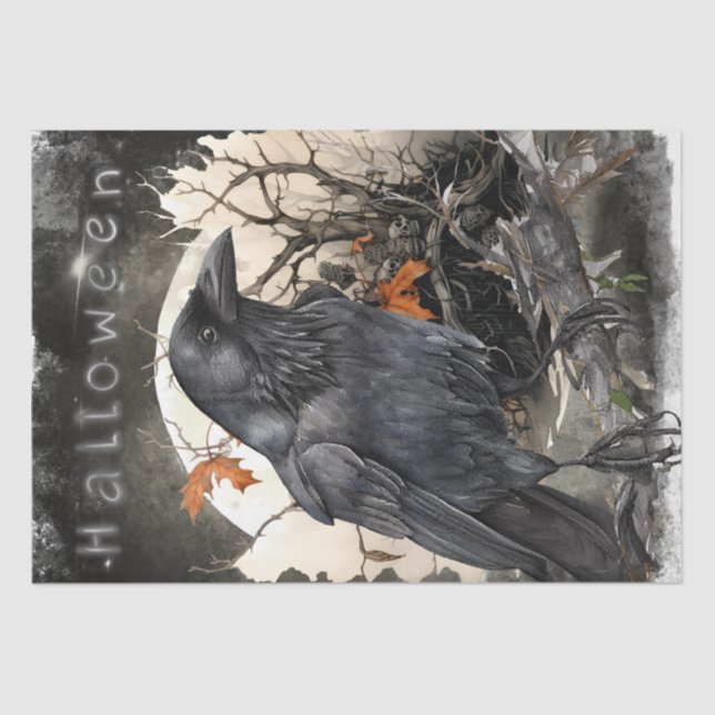 Black Raven Moon Dead Floral Halloween Tissue Paper (Front)