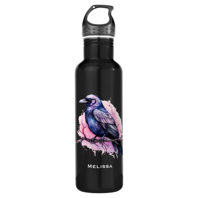 Black Raven on a Branch Illustration 710 Ml Water Bottle (Front)