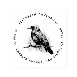 Black Raven on a Branch Illustration Address Self-inking Stamp