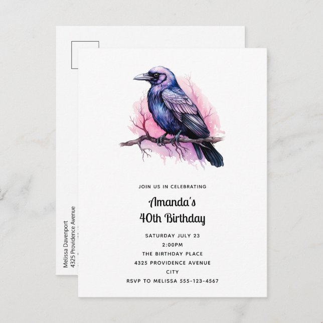 Black Raven on a Branch Illustration Birthday Invitation Postcard (Front/Back)