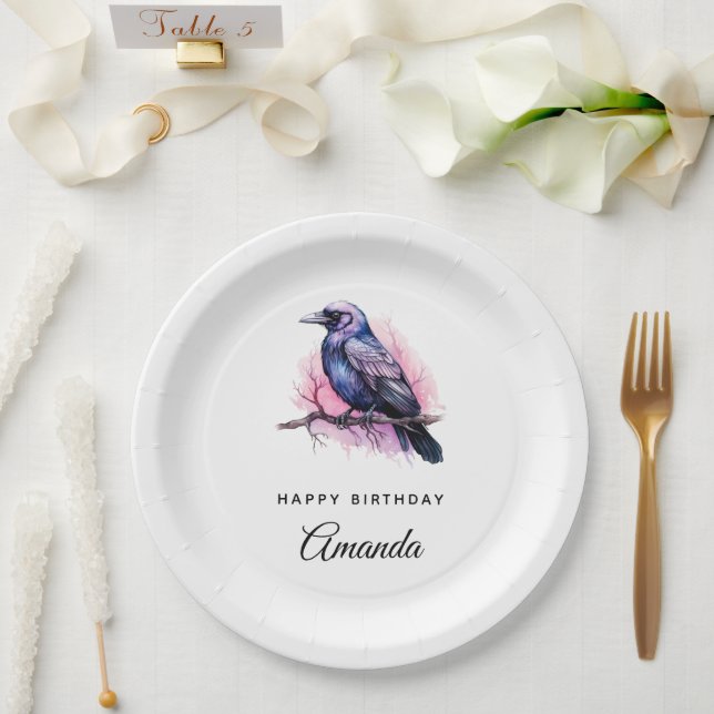 Black Raven on a Branch Illustration Birthday Paper Plate (Wedding)