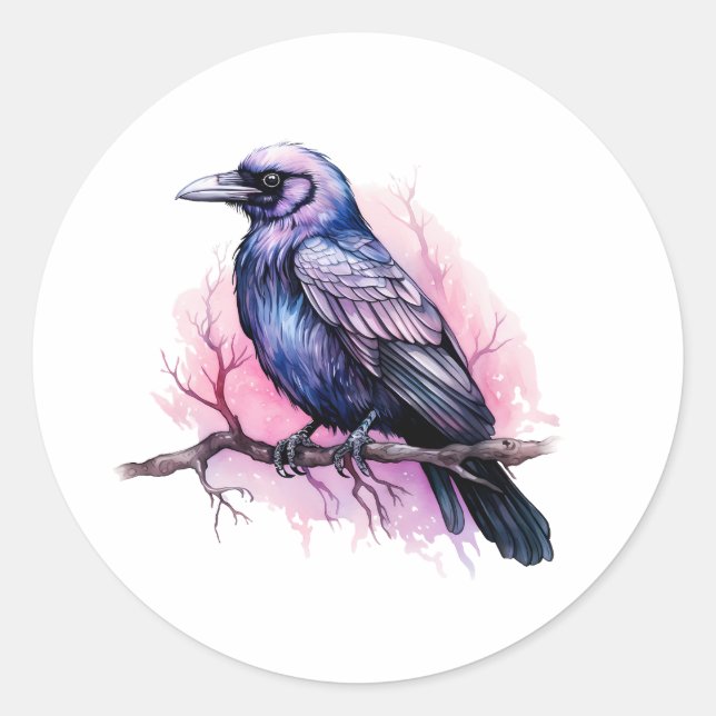 Black Raven on a Branch Illustration Classic Round Sticker (Front)