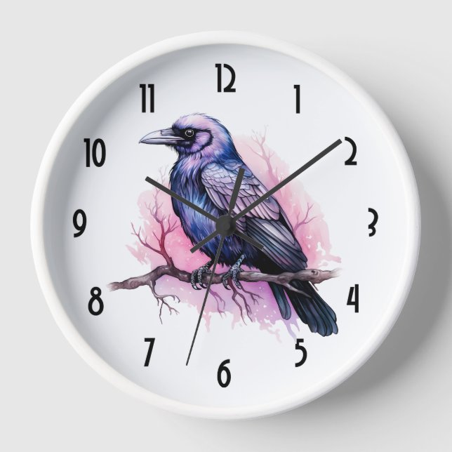 Black Raven on a Branch Illustration Clock (Front)