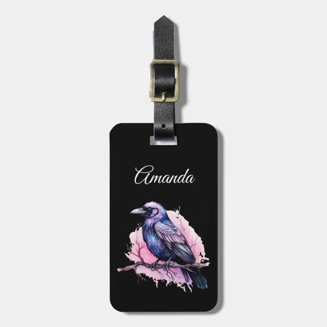 Black Raven on a Branch Illustration Luggage Tag (Front Vertical)