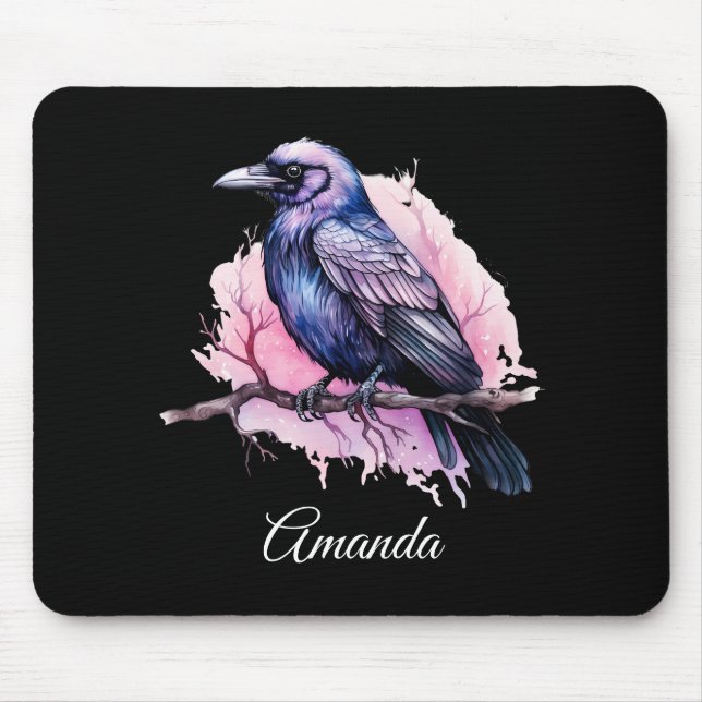 Black Raven on a Branch Illustration Mouse Mat (Front)