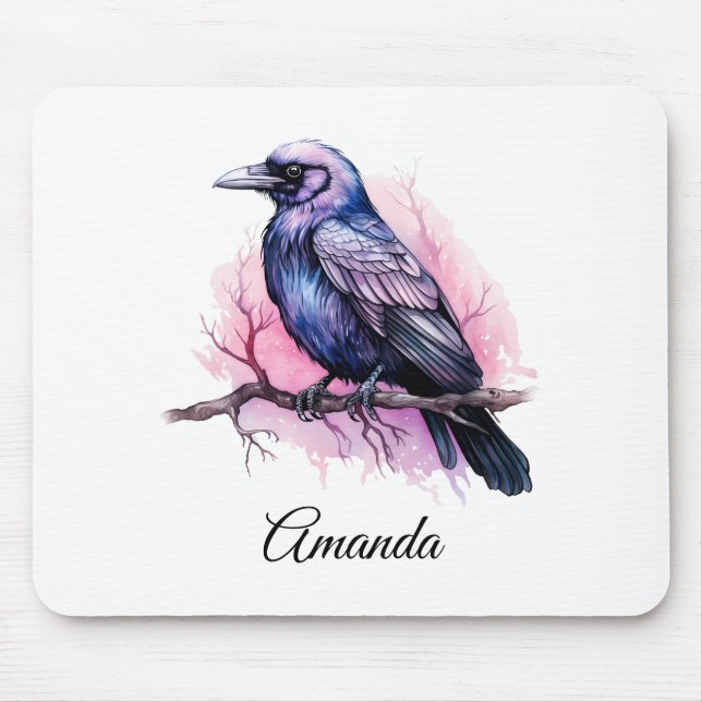 Black Raven on a Branch Illustration Mouse Mat (Front)