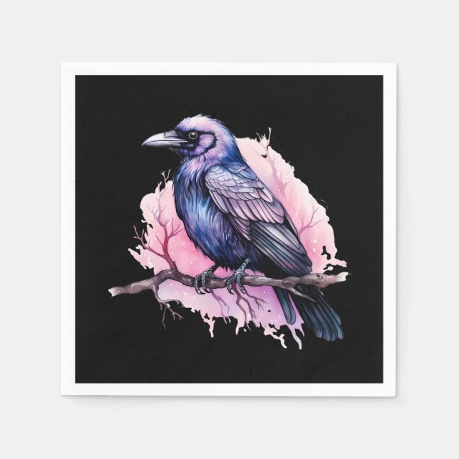 Black Raven on a Branch Illustration Napkin (Front)