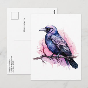 Black Raven on a Branch Illustration Postcard