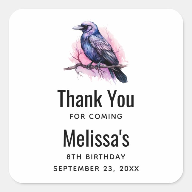 Black Raven on a Branch Illustration Square Sticker (Front)