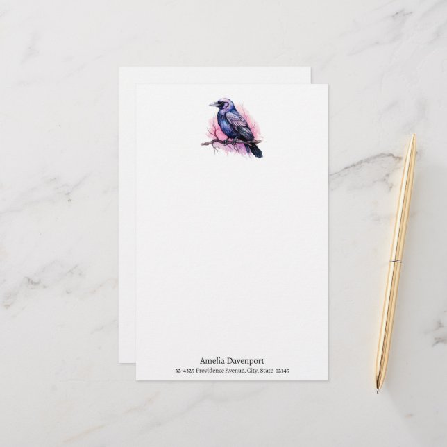 Black Raven on a Branch Illustration Stationery (Front/Back In Situ)