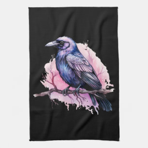 Black Raven on a Branch Illustration Tea Towel