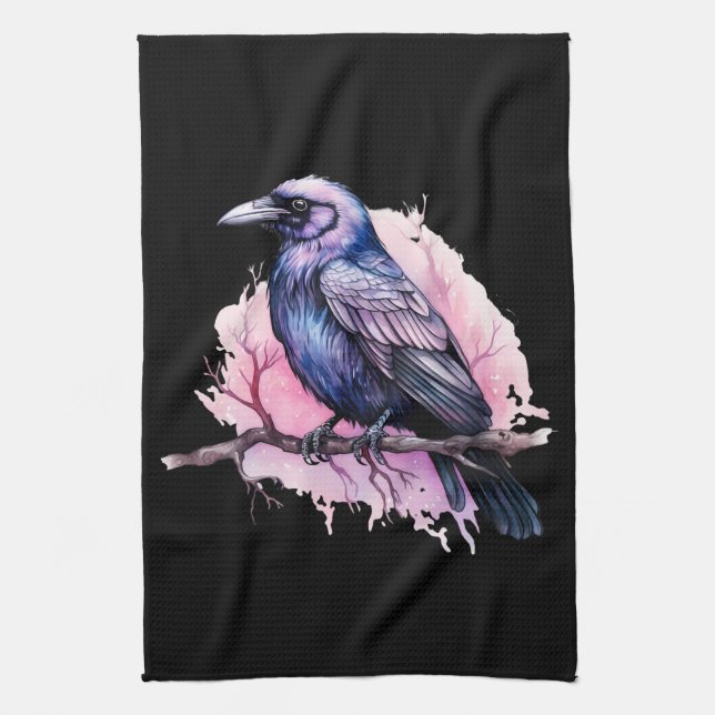 Black Raven on a Branch Illustration Tea Towel (Vertical)