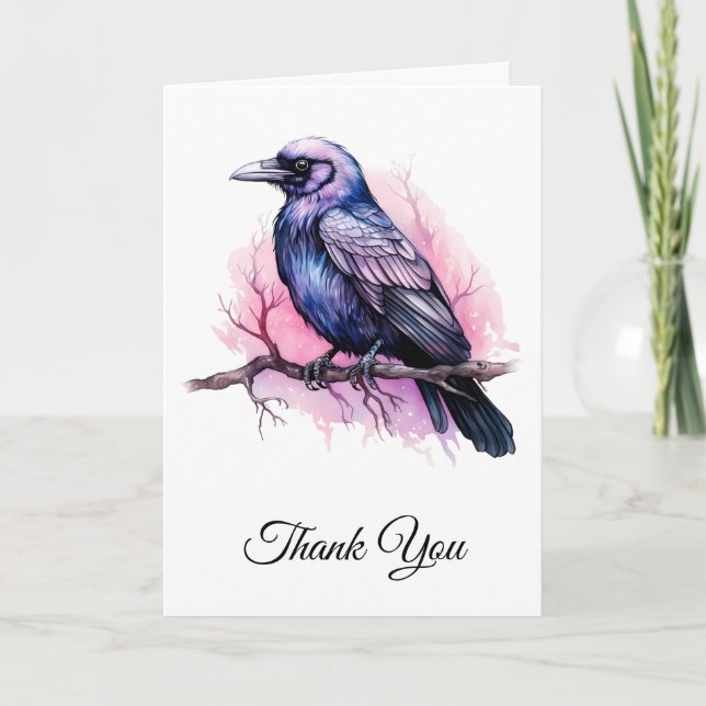Black Raven on a Branch Illustration Thank You Card (Front)