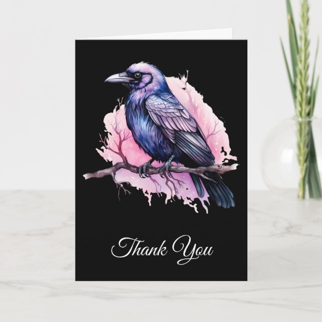 Black Raven on a Branch Illustration Thank You Card (Front)