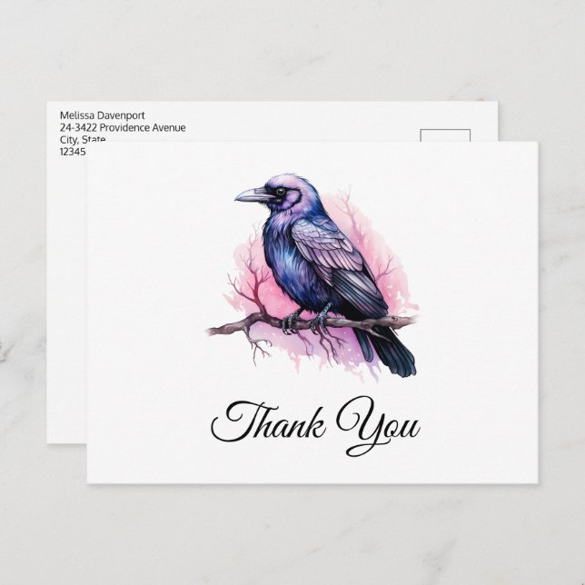 Black Raven on a Branch Illustration Thank You Postcard (Front/Back)