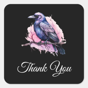 Black Raven on a Branch Illustration Thank You Square Sticker