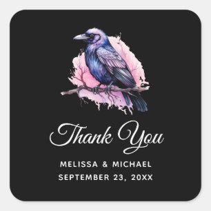 Black Raven on a Branch Illustration Thank You Square Sticker