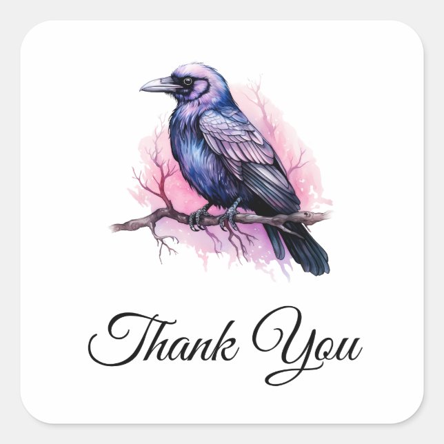 Black Raven on a Branch Illustration Thank You Square Sticker (Front)