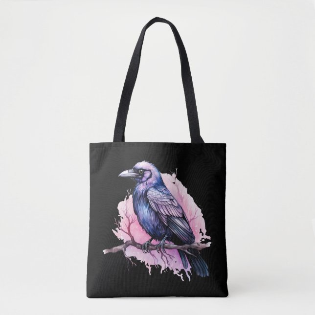 Black Raven on a Branch Illustration Tote Bag (Front)