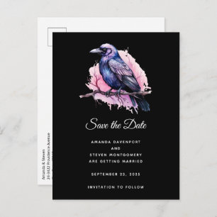 Black Raven on a Branch Illustration Wedding Announcement Postcard