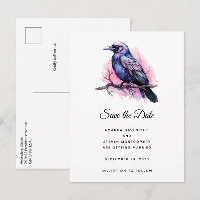 Black Raven on a Branch Illustration Wedding Announcement Postcard (Front/Back)