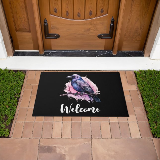 Black Raven on a Branch Illustration Welcome Doormat (Outdoor)