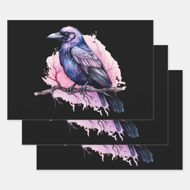 Black Raven on a Branch Illustration Wrapping Paper Sheet (Set)