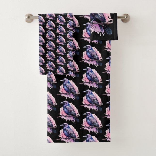 Black Raven on a Branch Pattern Bath Towel Set (Insitu)
