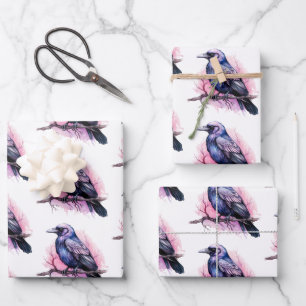Black Raven on a Branch Pattern Wrapping Paper Sheet