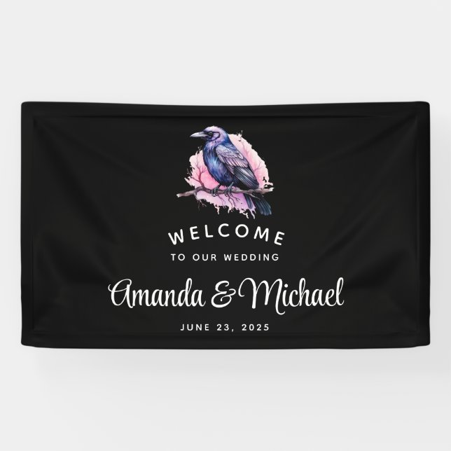 Black Raven on a Branch Wedding Welcome Banner (Horizontal)