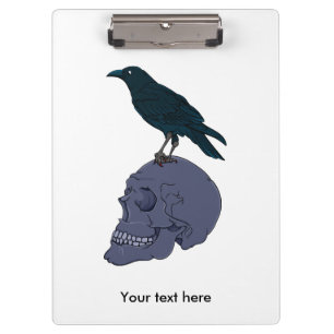 Black Raven On A Grey Human Skull Clipboard