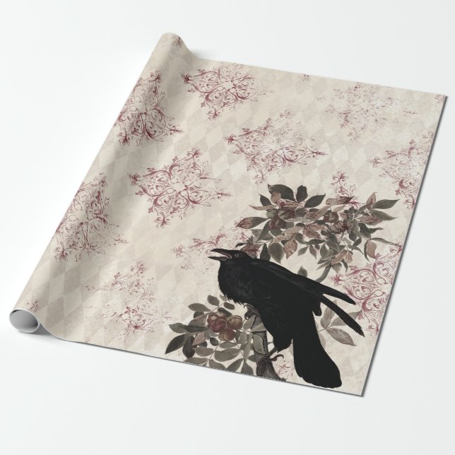 Black Raven on Branch Burgundy Damask Wrapping Paper (Unrolled)
