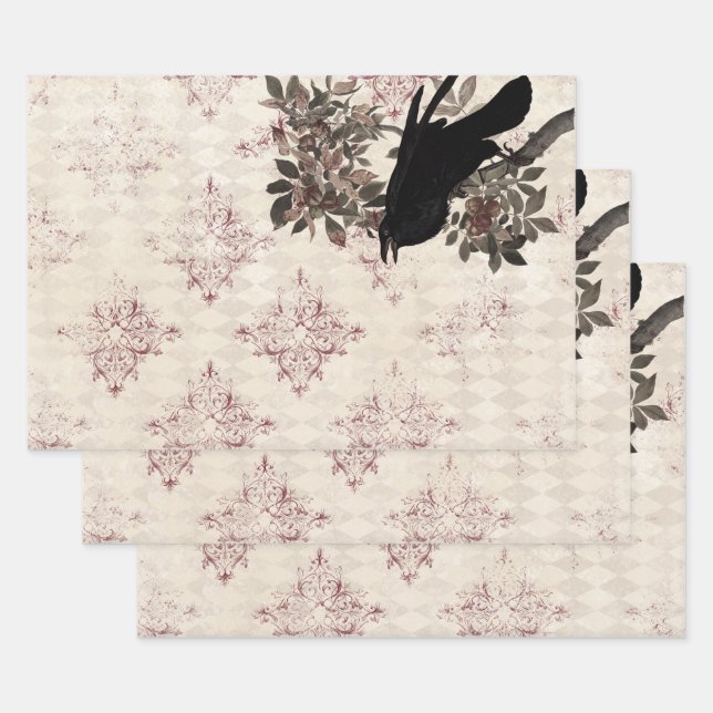 Black Raven on Branch Burgundy Damask Wrapping Paper Sheet (Set)
