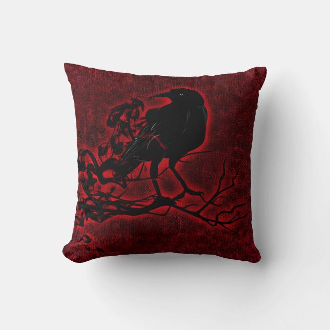 Black Raven on Deep Red Cushion (Front)