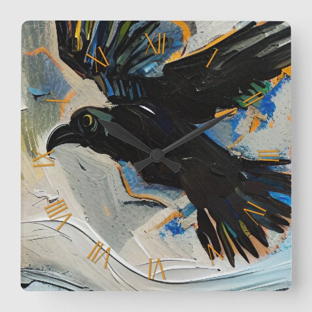 Black raven painting square wall clock (Front)