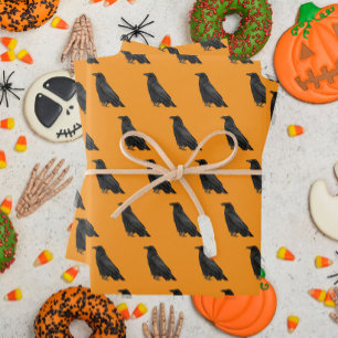 Black Raven Pattern on Orange Halloween Wrapping Paper Sheet