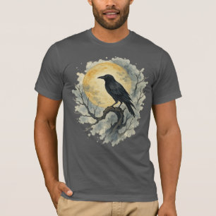 Black raven perched on branch under full moon T-Shirt