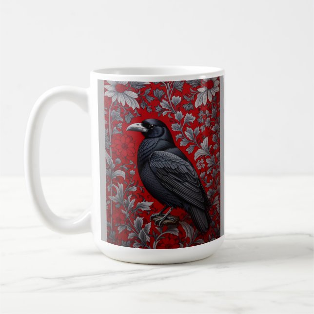 Black Raven Red Floral William Morris Inspired Coffee Mug (Left)