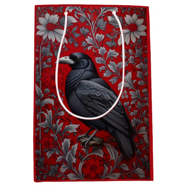Black Raven Red Floral William Morris Inspired Medium Gift Bag (Front)