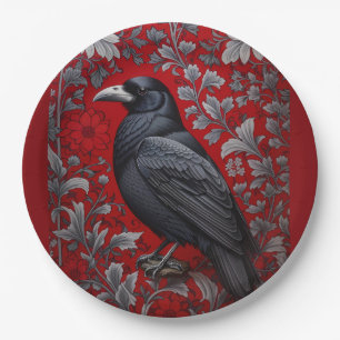 Black Raven Red Floral William Morris Inspired Paper Plate