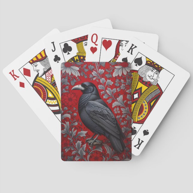 Black Raven Red Floral William Morris Inspired Playing Cards (Back)
