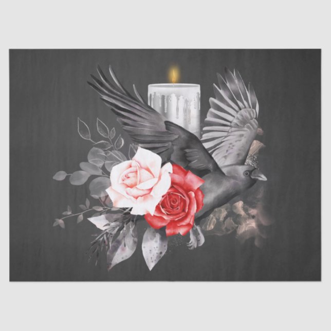 Black Raven Rose Whimsical Watercolor Decoupage Tissue Paper (Front)