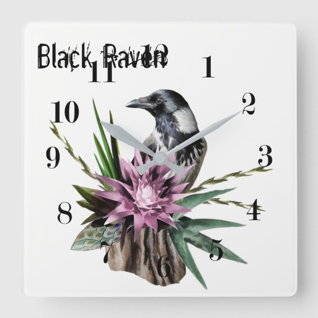 Black Raven Square Wall Clock (Front)