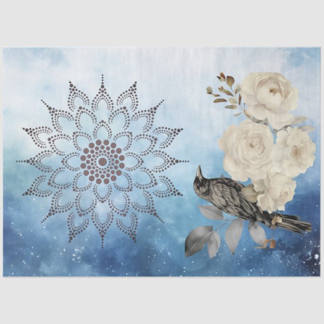 Black Raven White Flowers Blue Background Tissue Paper (Front)