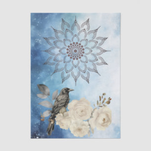 Black Raven White Flowers Blue Background Tissue Paper